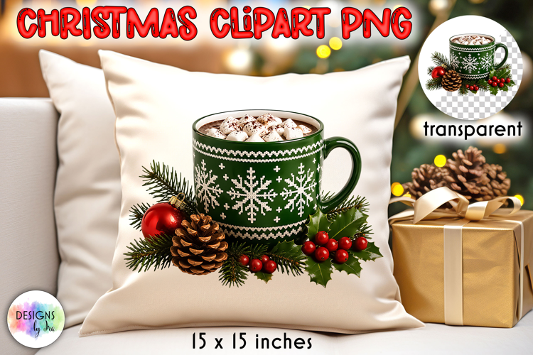 Green Christmas Cocoa Mug With Pinecones PNG