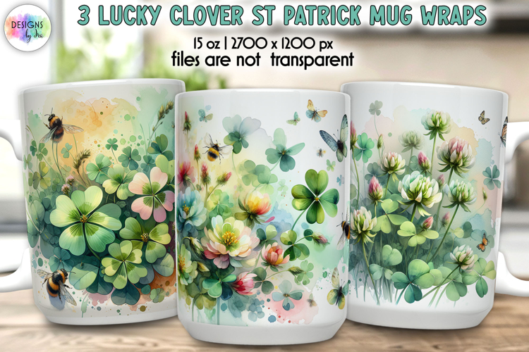 Lucky Clover St Patrick Mug Wrap, Watercolor Floral Shamrock
