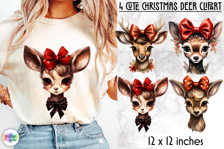 Cute Christmas Deer Clipart, Baby Deer with Coquette Bow PNG