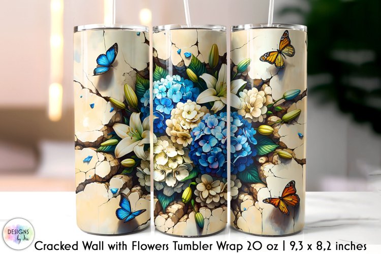 3D Cracked Wall Flowers Tumbler Wrap, Floral Tumbler Design