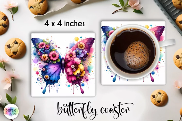 Floral Butterfly Coaster | Watercolour Butterfly Coaster PNG