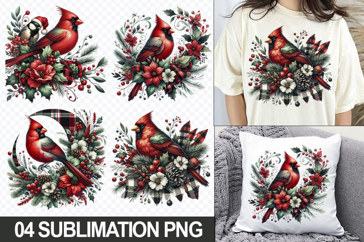 Christmas Cardinals Sublimation Clipart, 04 PNG Designs