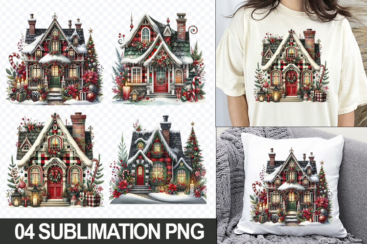 Christmas Homes Sublimation Clipart, 04 PNG Designs