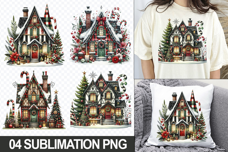 Christmas Homes Sublimation Clipart, 04 PNG Designs