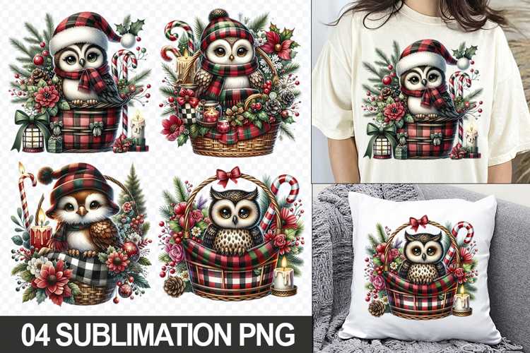 Christmas Owl Sublimation Clipart, 04 PNG Designs