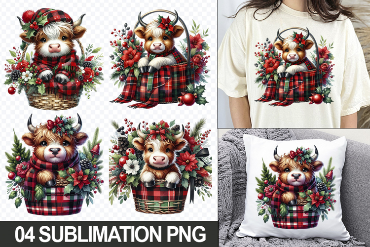 Christmas Cow Sublimation Clipart, 04 PNG Designs