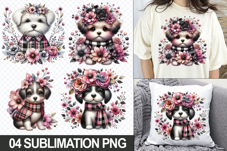 Cute Dog with Flowers Clipart PNG Sublimation