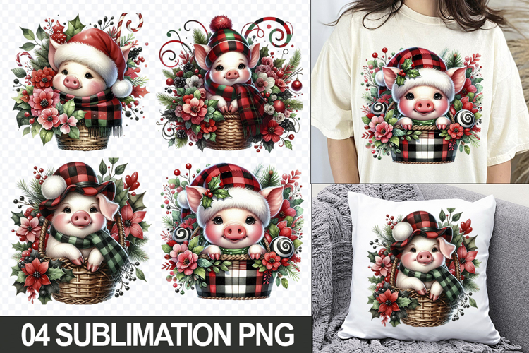 Christmas Pig Sublimation Clipart, 04 PNG Designs
