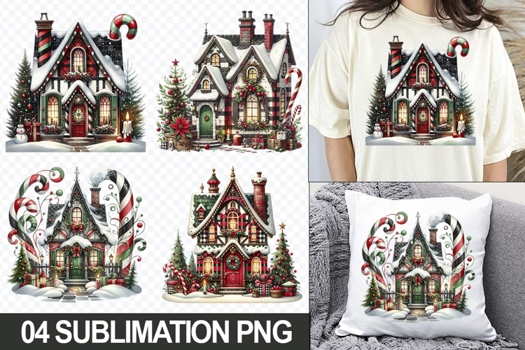 Christmas Homes Sublimation Clipart, 04 PNG Designs