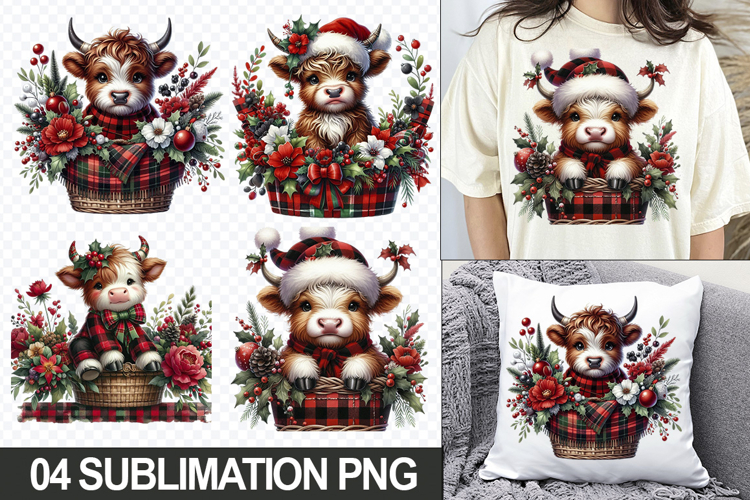 Christmas Cow Sublimation Clipart, 04 PNG Designs