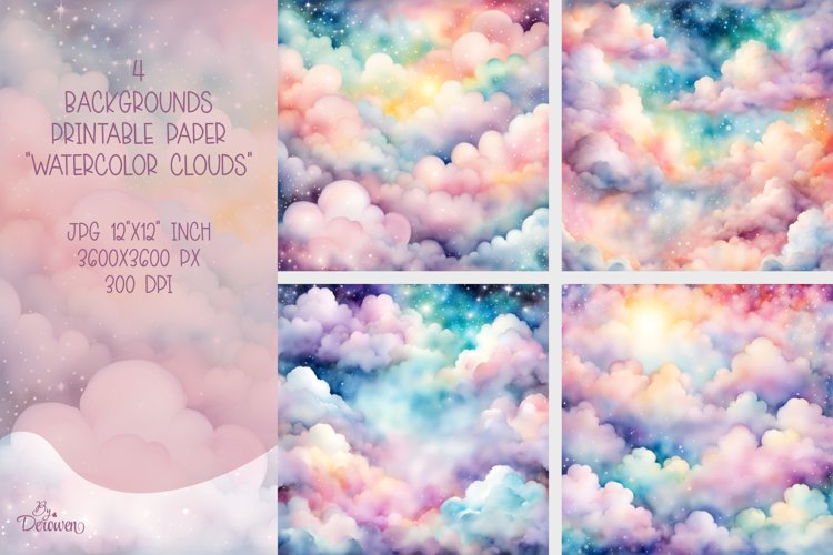 4 Printable Paper Backgrounds quot Watercolor Clouds quot