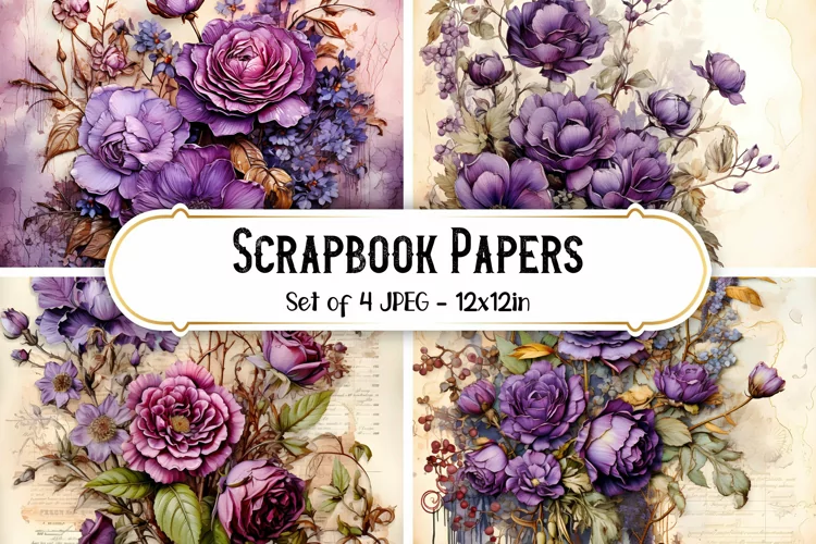 4 Purple Vintage Rose Paper Backgrounds | Scrapbook papers