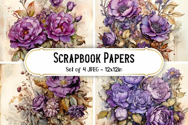 4 Purple Vintage Rose Paper Backgrounds | Scrapbook papers