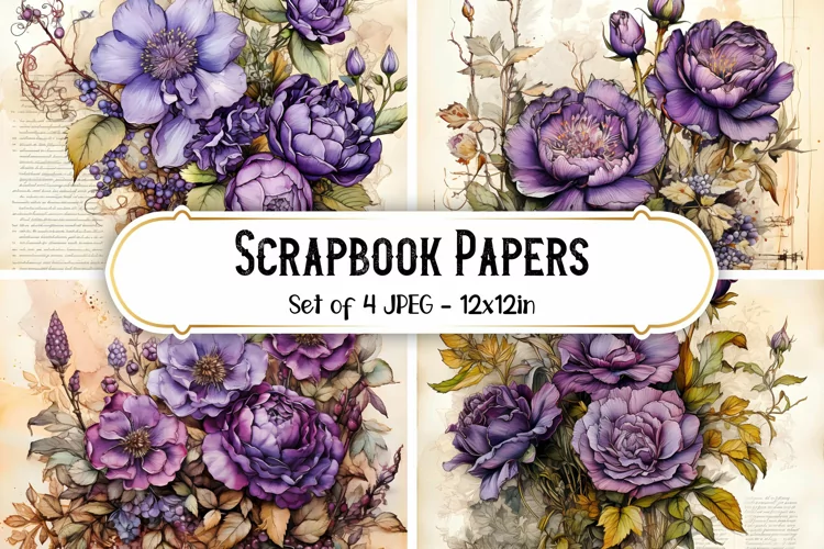 4 Purple Vintage Rose Paper Backgrounds | Scrapbook papers