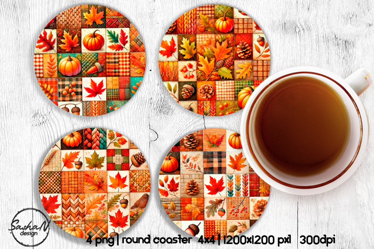 Fall patchwork round coaster sublimation designs, Autumn png