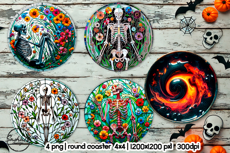 Skeleton round coaster png, Halloween sublimation design