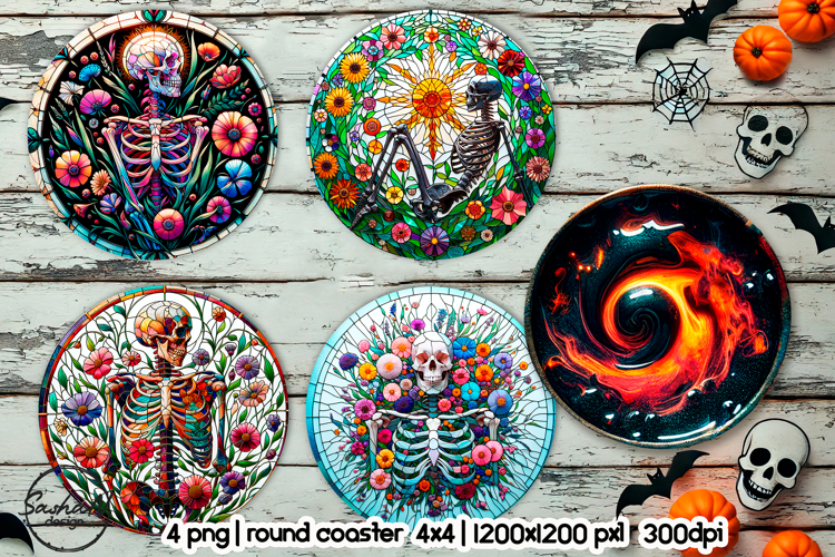 Skeleton round coaster png, Halloween sublimation design