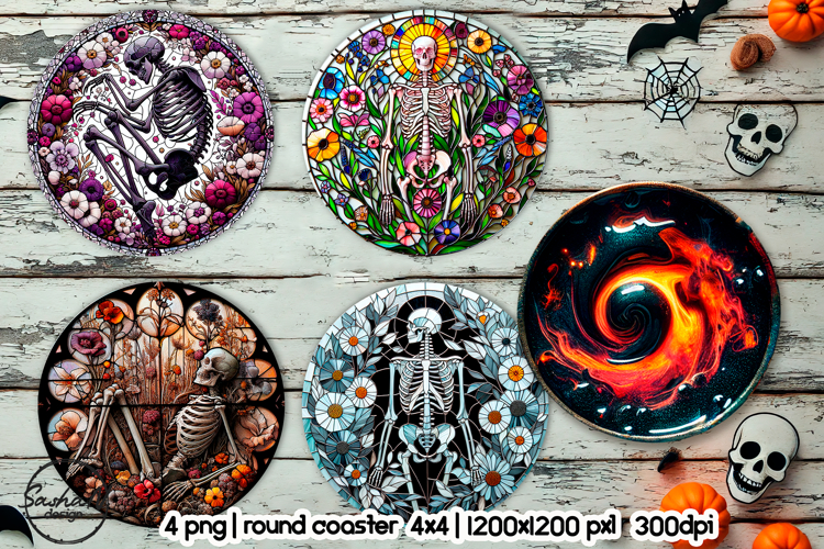 Skeleton round coaster png, Halloween sublimation design