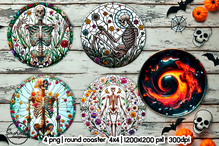 Skeleton round coaster png, Halloween sublimation design