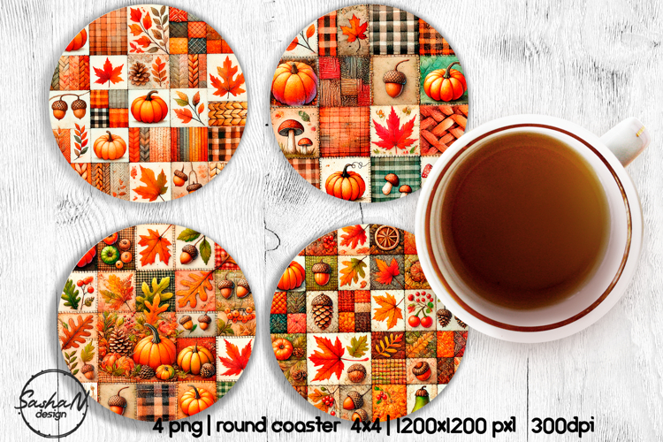 Fall patchwork round coaster sublimation designs, Autumn png