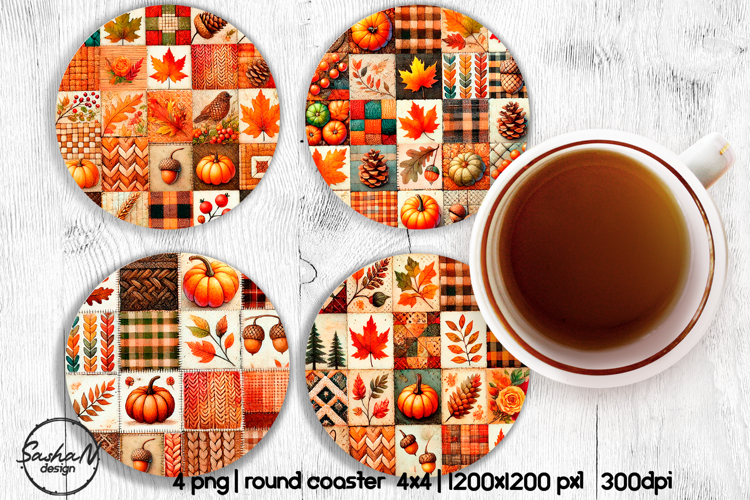 Fall patchwork round coaster sublimation designs, Autumn png