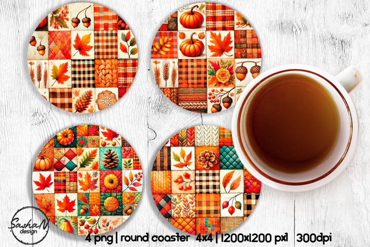 Fall patchwork round coaster sublimation designs, Autumn png