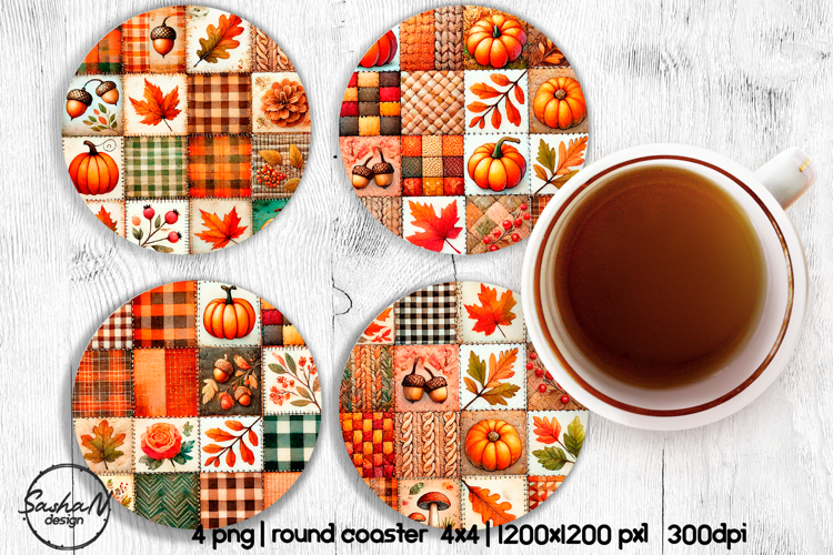 Fall patchwork round coaster sublimation designs, Autumn png