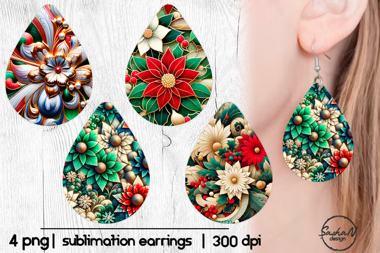 Earrings Christmas flowers sublimation