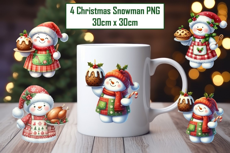 4 Cute Christmas Snowmen Sublimations 30cm x 30cm PNG