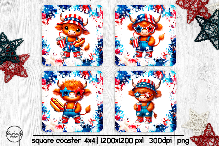4th of july square coaster sublimation design, Highland cow