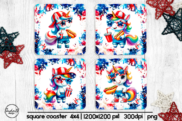 4th of july square coaster sublimation design, Unicorn png