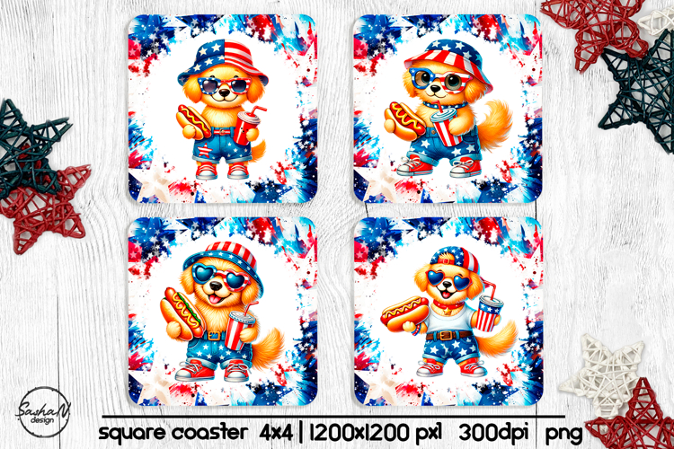 4th of july square coaster sublimation design, Dog png