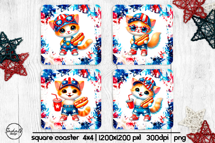 4th of july square coaster sublimation design, Cat png