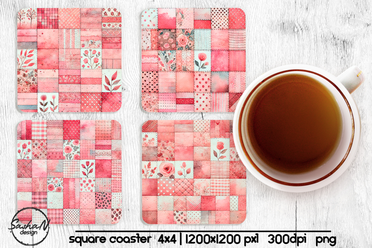 Watercolor pink patchwork square coaster sublimation designs