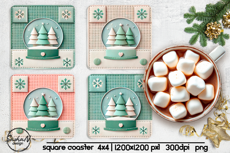 Christmas tree snowglobe square coaster sublimation designs