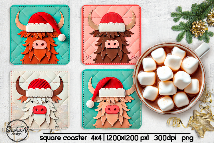 Christmas highland cow square coaster sublimation designs