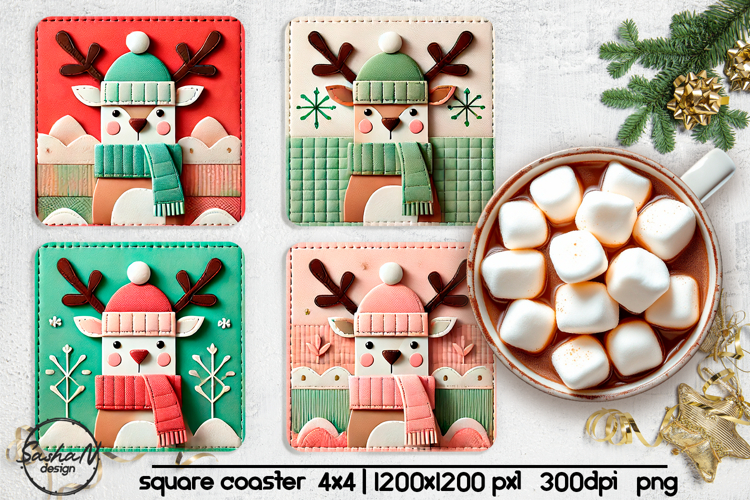 Christmas reindeer square coaster sublimation designs