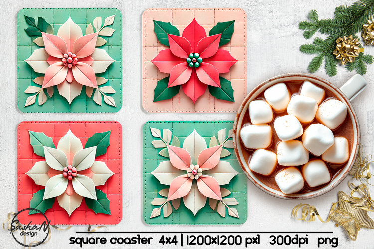 Christmas poinsettia square coaster sublimation designs