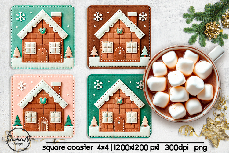 Gingerbread house square coaster sublimation designs
