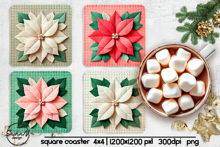 Christmas poinsettia square coaster sublimation designs