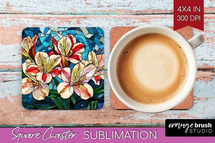Stained Glass Square Coaster - Flowers Coaster PNG