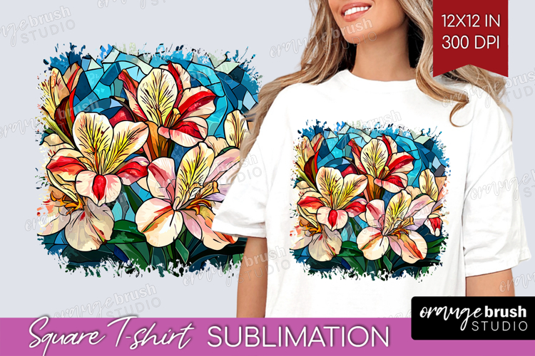 Stained Glass Square Tshirt Background - Flowers PNG