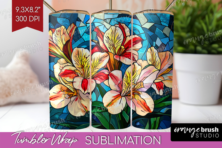 Stained Glass Tumbler Wrap - Flowers Tumbler PNG Sublimation