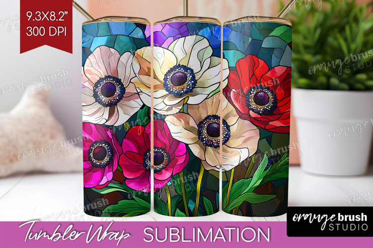 Stained Glass Tumbler Wrap - Flowers Tumbler PNG Sublimation