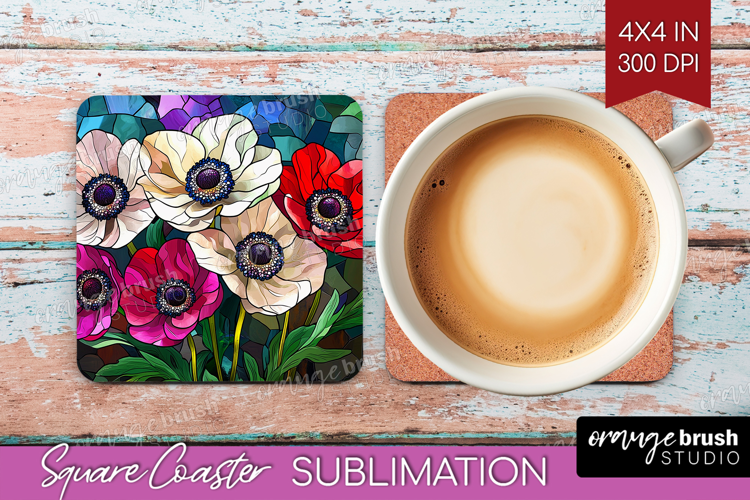 Stained Glass Square Coaster - Flowers Coaster PNG