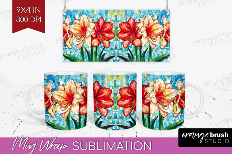Stained Glass Mug Wrap - Flowers Mug PNG Sublimation
