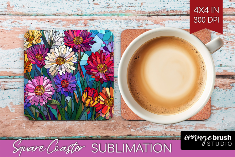 Stained Glass Square Coaster - Flowers Coaster PNG