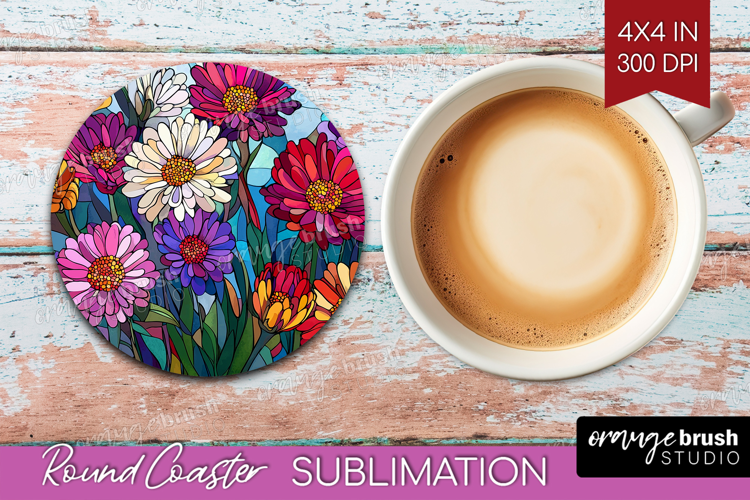 Stained Glass Round Coaster - Flowers Coaster PNG