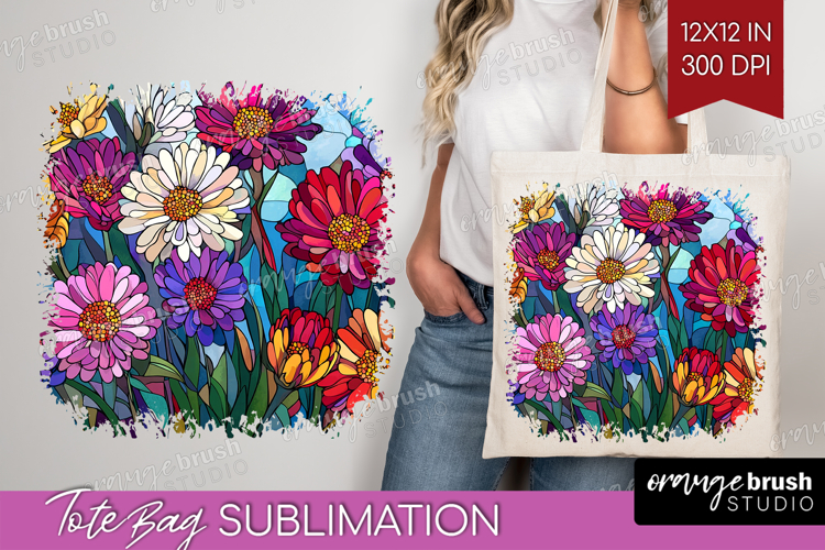 Stained Glass Tote Bag - Flowers Tote Bag PNG Sublimation
