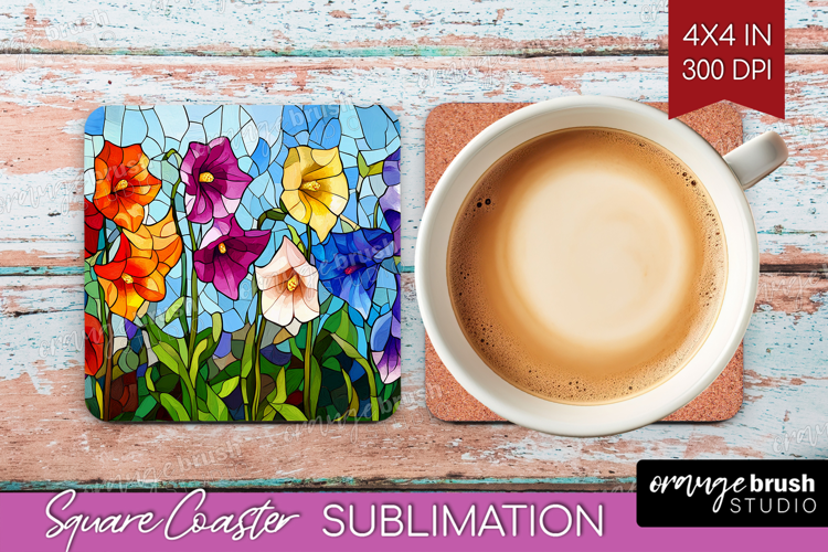 Stained Glass Square Coaster - Flowers Coaster PNG